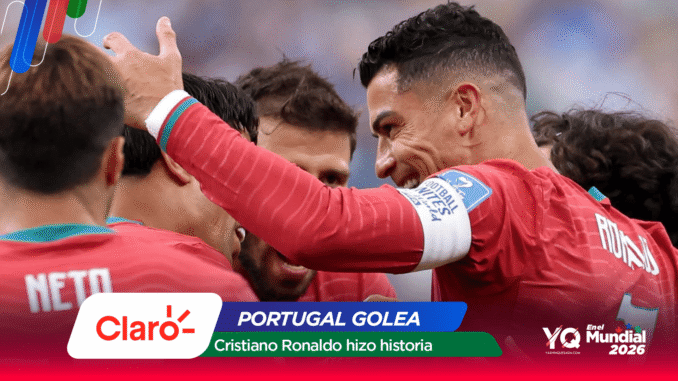 Group of soccer players in red jerseys celebrating on the field; one arm raised, sponsor logos visible; overlay text says 'Portugal Golea' and 'Cristiano Ronaldo hizo historia'