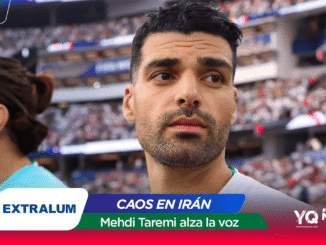 Close-up of a man with dark hair at a crowded stadium, with bold sports graphics and the headline CAOS EN IRÁN in the foreground.