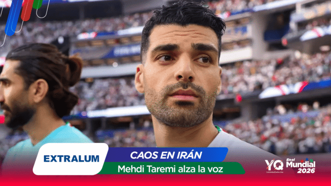 Close-up of a man with dark hair at a crowded stadium, with bold sports graphics and the headline CAOS EN IRÁN in the foreground.