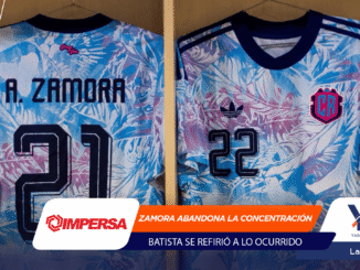 Two blue tropical-pattern soccer jerseys hanging in a locker; left reads A. Zamora 21, right shows 22 with a pink crest.