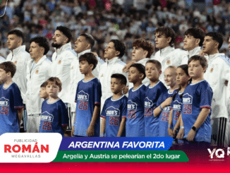 Argentina national football team lined up with young players before a match, with a crowded stadium in the background.