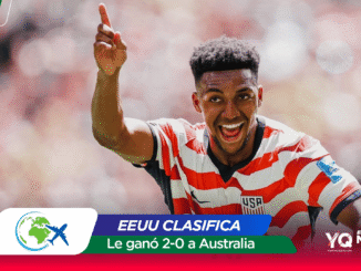 Soccer player in a red-white USA jersey raises a finger in celebration after a 2-0 win over Australia, with a colorful banner overlay at the bottom.