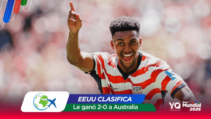 Soccer player in a red-white USA jersey raises a finger in celebration after a 2-0 win over Australia, with a colorful banner overlay at the bottom.