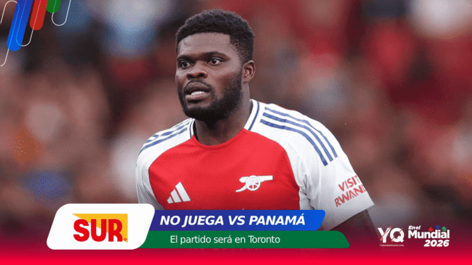 Footballer in Arsenal-style red and white kit on a SUR promo banner reading 'NO JUEGA VS PANAMÁ' for a Toronto match despt promo image