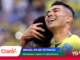 Two Brazilian football players hug in celebration on a colorful sports banner with the Claro logo and the headline 'BRASIL ES DE OCTAVOS'.