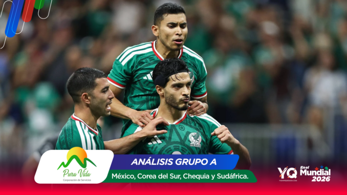 Three Mexican national team players celebrate on the soccer field in green jerseys, crowd blurred in the background.