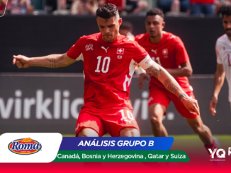 Soccer match scene: a red-jersey player wearing number 10 kicks the ball, with teammates and a white-jersey opponent in the background; bottom overlay shows 'ANÁLISIS GRUPO B' and team names.