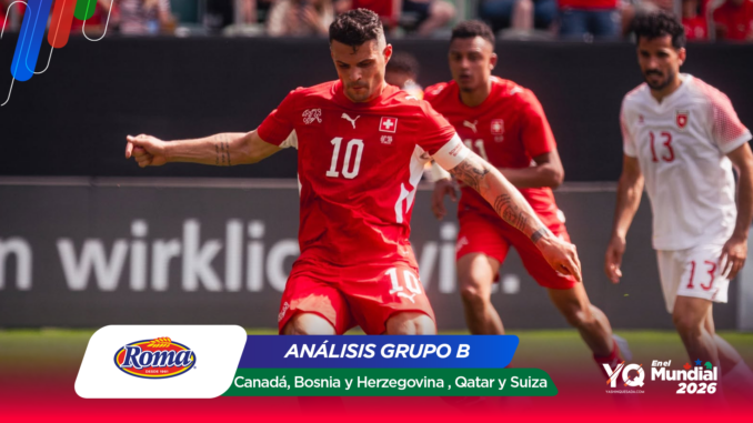 Soccer match scene: a red-jersey player wearing number 10 kicks the ball, with teammates and a white-jersey opponent in the background; bottom overlay shows 'ANÁLISIS GRUPO B' and team names.