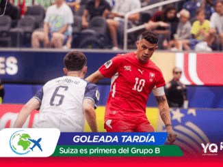 Soccer player in red (No. 10) challenges a white-jersey defender during a match, crowd in the background with banners still image overlay nearby.