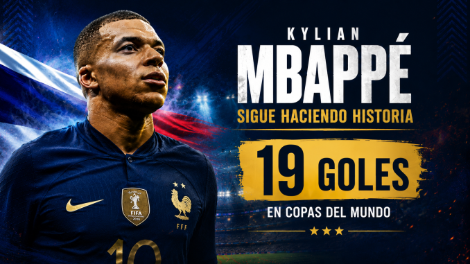 Kylian Mbappé in a blue France jersey gazes upward on a stadium backdrop with a bold headline about 19 World Cup goals.“19 Goles” banner rendered in yellow.