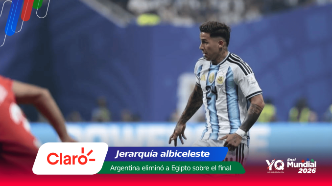 Argentine soccer player in blue-and-white striped jersey on the field, with a colorful banner reading 'Argentina eliminated Egypt' at the bottom.