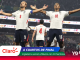 England players celebrate with arms raised on the pitch, with a colorful quarterfinals banner overlay in the foreground.