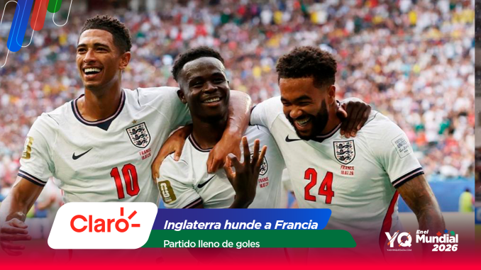 Three England footballers celebrate with arms around each other on the pitch as a crowded stadium cheers behind them; Claro logo and 'Mundial 2016' graphic overlay at bottom left.