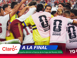 Soccer players huddle in celebration on the field, wearing pink bibs with FIFA World Cup 2026 logos and Claro branding.