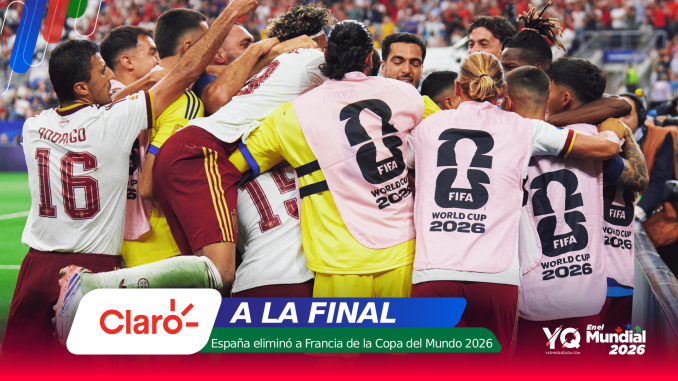 Soccer players huddle in celebration on the field, wearing pink bibs with FIFA World Cup 2026 logos and Claro branding.