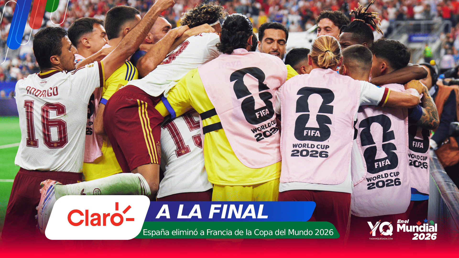 Soccer players huddle in celebration on the field, wearing pink bibs with FIFA World Cup 2026 logos and Claro branding.