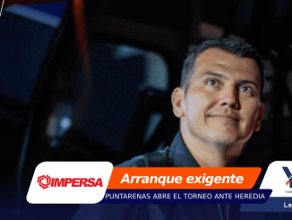Man looking upward on a sports event banner with orange-blue corner graphics and sponsor logos (Impersa, YQI) and the text 'Arranque exigente'