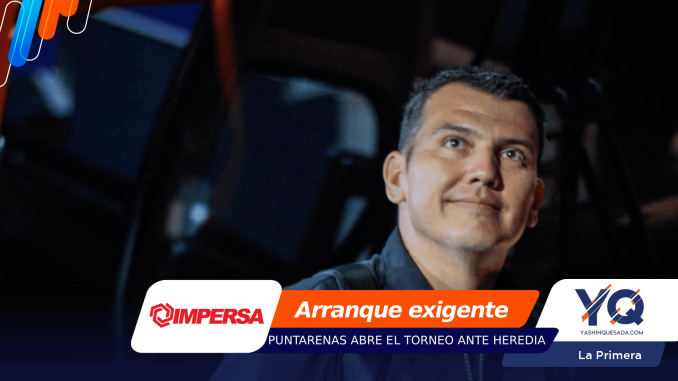 Man looking upward on a sports event banner with orange-blue corner graphics and sponsor logos (Impersa, YQI) and the text 'Arranque exigente'