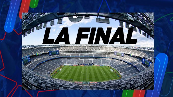 Wide aerial view of a soccer stadium with a bold 'LA FINAL' banner across the sky above empty seats and a green pitch.