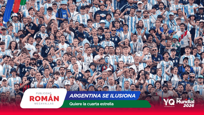 Crowd of Argentina soccer fans in blue and white jerseys at a stadium, with colorful sponsor banners in the foreground.
