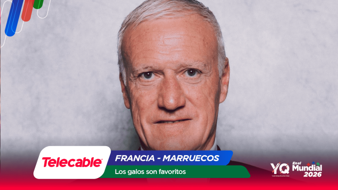 Portrait of a man on a promotional banner with Telecable logo and France–Morocco match text.