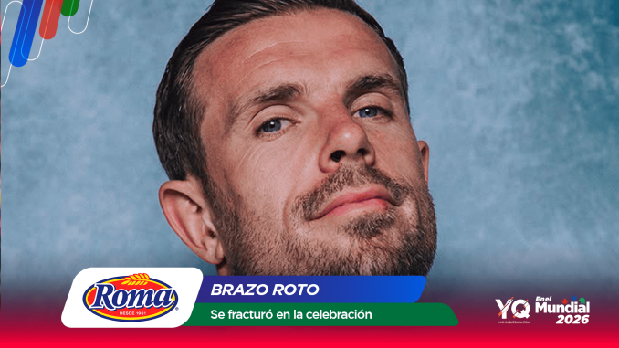Close-up of a man tilting his head against a blue backdrop, overlaid with Roma logo and text about a broken arm celebration for Mundial 2026.
