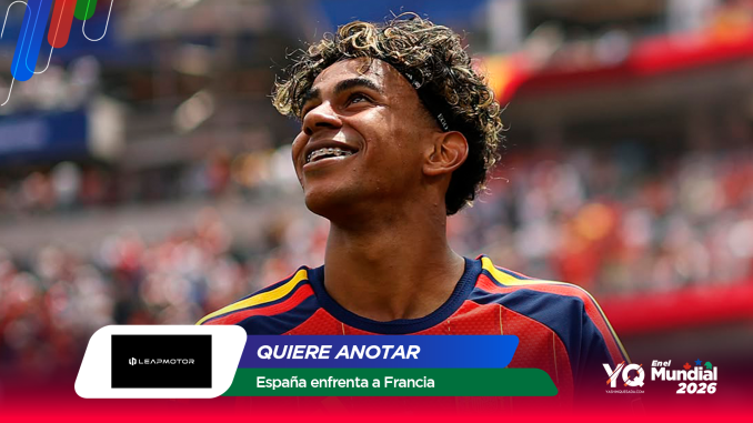 Smiling young soccer player in a red‑blue jersey looks upward, stadium crowd blurred in the background (promo banner image).