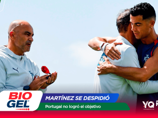 Two athletes in athletic gear hug on a sunny beach, with sponsor banners from BioGel and Mundial 2026 visible at the bottom.