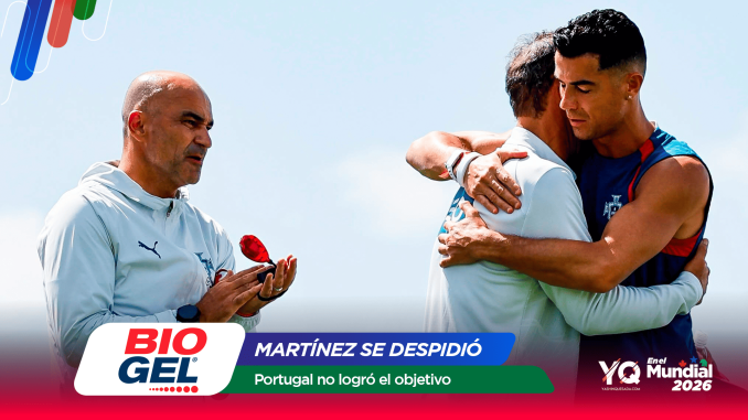Two athletes in athletic gear hug on a sunny beach, with sponsor banners from BioGel and Mundial 2026 visible at the bottom.