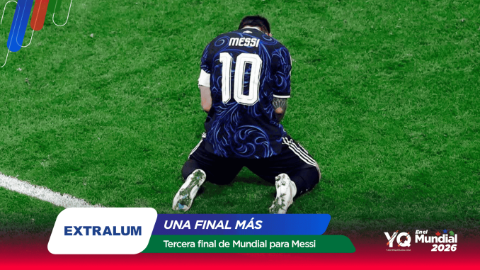 Soccer player Lionel Messi kneeling on a green field wearing a #10 jersey, surrounded by colorful banner graphics at a World Cup event.