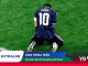 Soccer player Lionel Messi kneeling on a green field wearing a #10 jersey, surrounded by colorful banner graphics at a World Cup event.