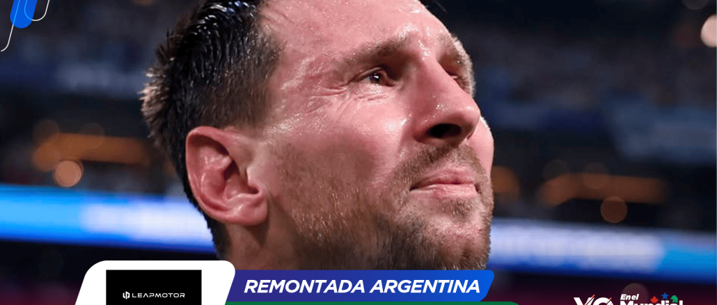 Close-up of Lionel Messi looking upward in a stadium, with colorful banner graphics 'Remontada Argentina' and 'Messi volvió a ser figura'