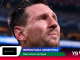 Close-up of Lionel Messi looking upward in a stadium, with colorful banner graphics 'Remontada Argentina' and 'Messi volvió a ser figura'
