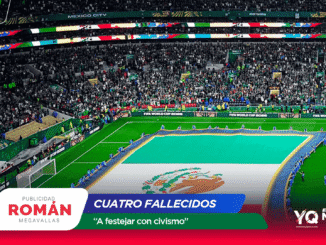 Crowded stadium during a FIFA World Cup 2026 event, with a turquoise pool on the field and colorful banners overhead.
