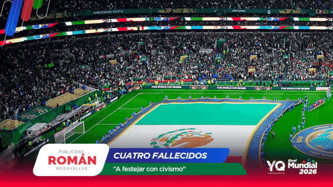 Crowded stadium during a FIFA World Cup 2026 event, with a turquoise pool on the field and colorful banners overhead.