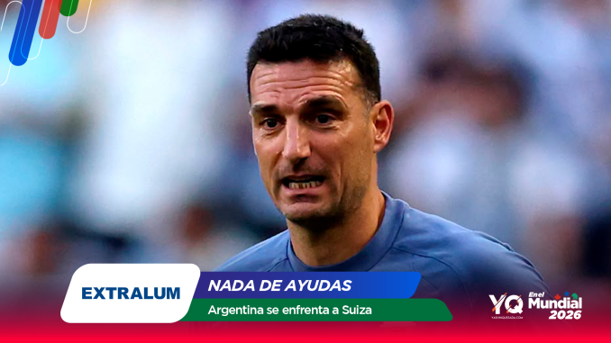 Close-up of a male footballer in a blue jersey with a colorful banner overlay announcing Argentina vs Switzerland for Mundial 2026, in a stadium setting.