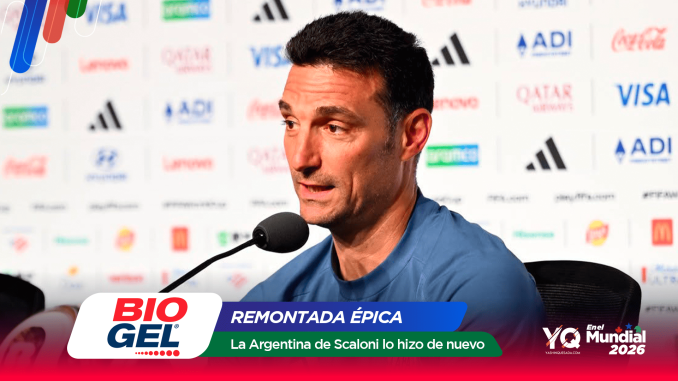 Male coach at a press conference, speaking into a microphone, backdrop filled with sponsor logos; bottom banners read BIO GEL and REMONTADA ÉPICA.