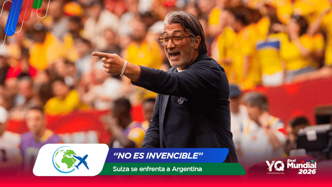 Man wearing glasses pointing toward a cheering crowd at a stadium, with colorful banners and a bold sports banner reading 'NO ES INVENCIBLE' and 'Suiza se enfrenta a Argentina' in the foreground.