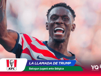 Soccer player Balogun celebrates with arm raised, overlaid with KFC logo and bold text about Belgium and Mundial 2026.
