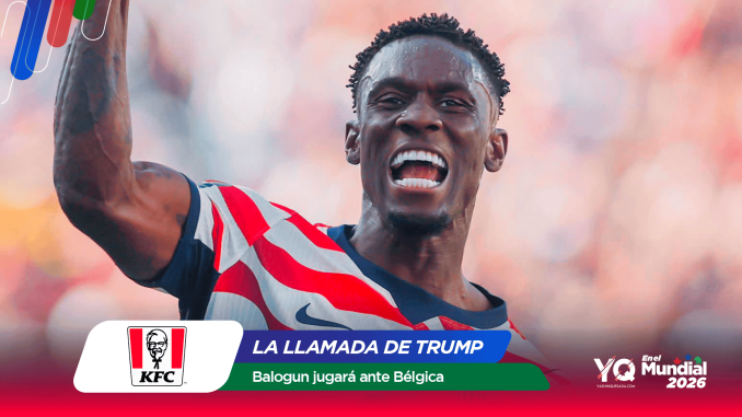 Soccer player Balogun celebrates with arm raised, overlaid with KFC logo and bold text about Belgium and Mundial 2026.