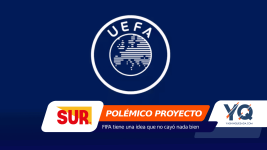 Blue background with a centered white circular UEFA logo; bottom shows overlapping white/orange promo banners (POLÉMICO PROYECTO) and sponsor logos.
