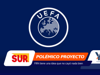 Blue background with a centered white circular UEFA logo; bottom shows overlapping white/orange promo banners (POLÉMICO PROYECTO) and sponsor logos.