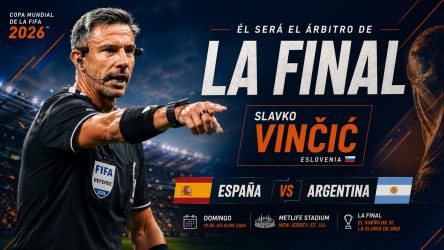 Promotional poster for the 2026 FIFA World Cup final featuring referee Slavko Vinčic, with Spain vs Argentina details and venue info.