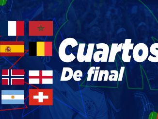 Graphic announcing the quarterfinals with several national flags on a dark blue background and the words 'Cuartos De final'.