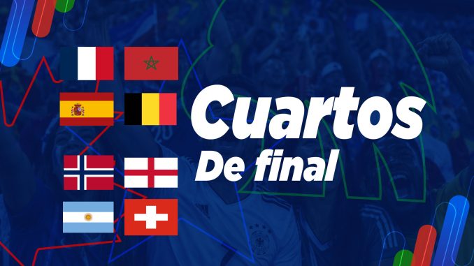 Graphic announcing the quarterfinals with several national flags on a dark blue background and the words 'Cuartos De final'.