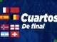Graphic announcing the quarterfinals with several national flags on a dark blue background and the words 'Cuartos De final'.