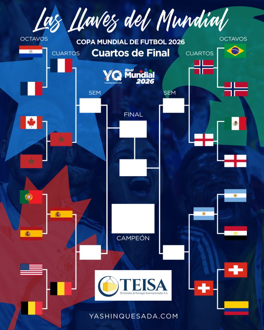 Bracket-style graphic of the FIFA World Cup 2026 quarterfinals, showing country flags on left and right with placeholders for semi-finals, final, and campeón; TEISA logo at bottom.