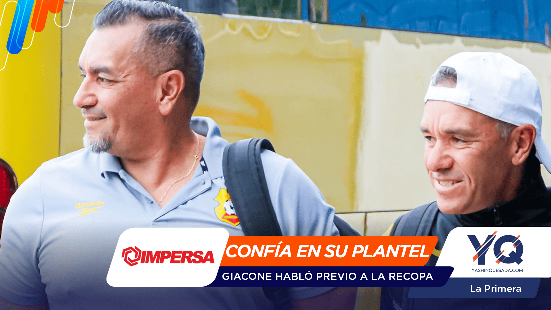 Two men smiling and looking to the left near a yellow bus, with color banners and sponsor logos overlaid in the foreground (promo header image).