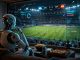 Robot in a living room watches a soccer match on a blue holographic display over a stadium, with snacks on the table nearby.
