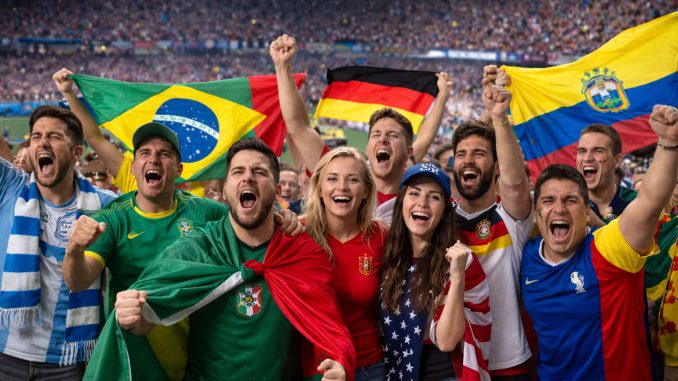 Group of excited soccer fans cheering in a stadium, waving flags from Brazil, Germany, Portugal, Colombia, and the USA.